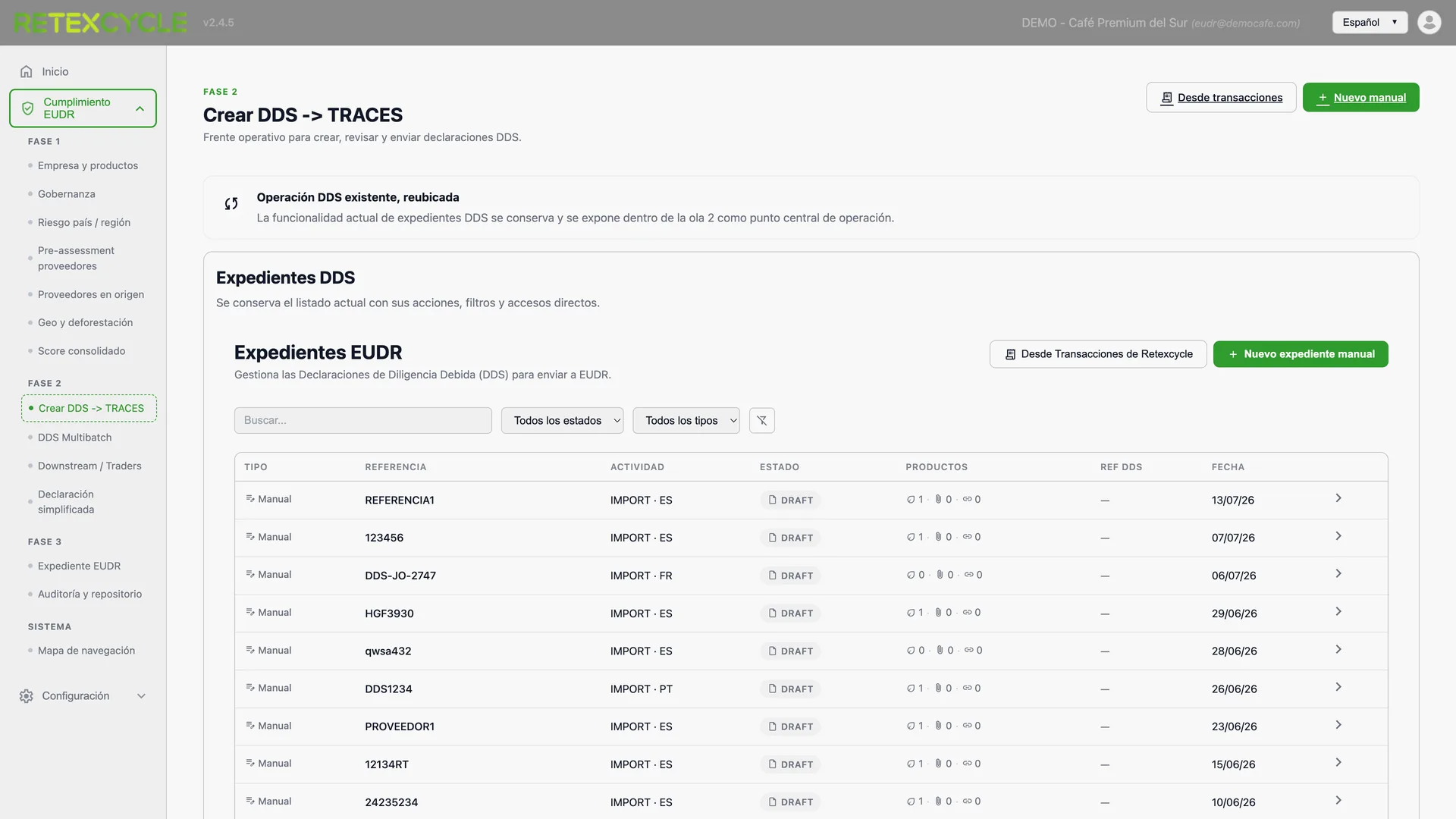 Crear y enviar declaraciones DDS a EU TRACES NT desde Retexcycle Compliance Hub