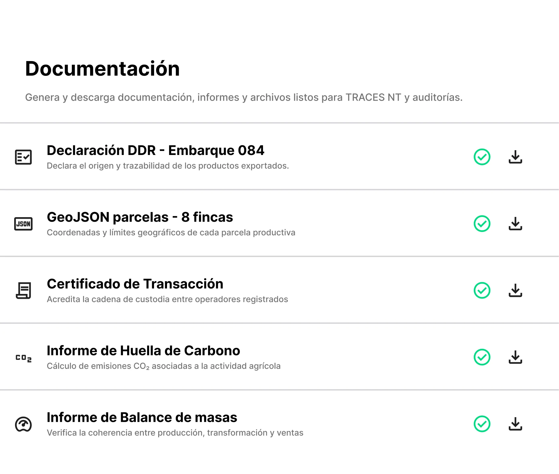 Documentación EUDR lista para descargar: DDS, GeoJSON, certificado de transacción, huella de carbono y balance de masas