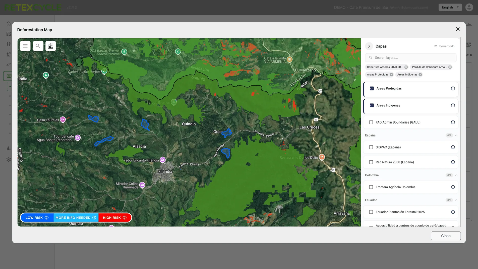 Mapa de deforestación con capas de riesgo y áreas protegidas para EUDR