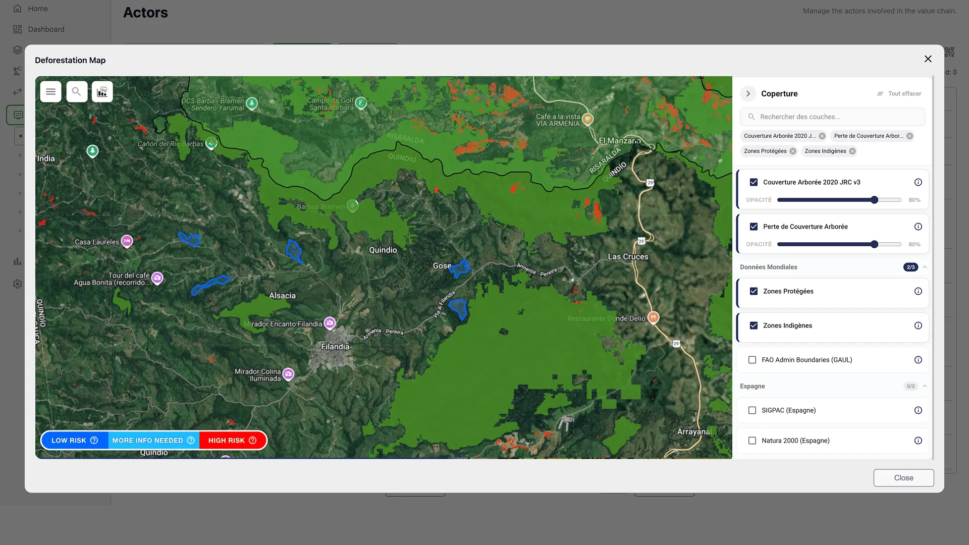 Mapa de deforestaci&oacute;n con capas de riesgo y &aacute;reas protegidas para EUDR